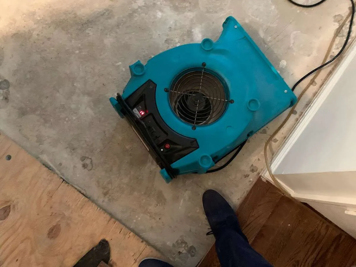 Air mover drying subfloor during Leak Detection & Repair in Lovington